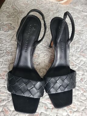 Veronica Beard Black Woven Leather Slingback Heels
